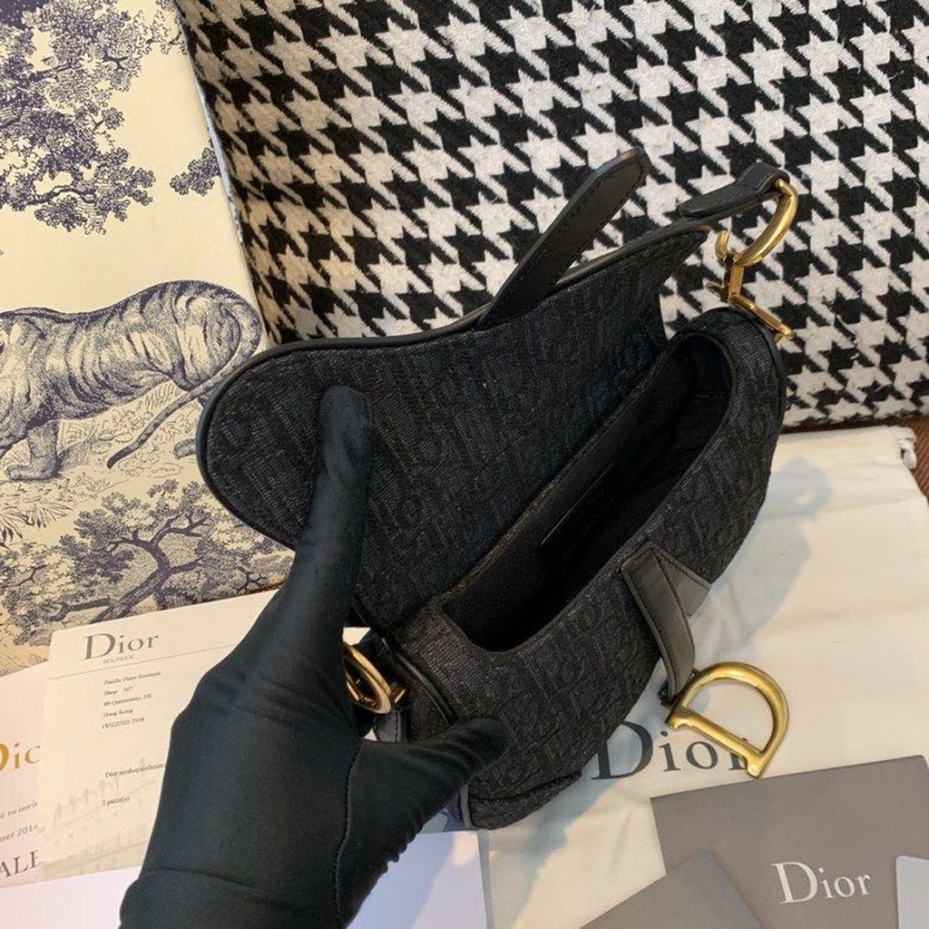 GLAMI Saddle Bag Black Oblique Embroidered Canvas Gold Toned Hardware For Women 19.5cm/7.6in CD
