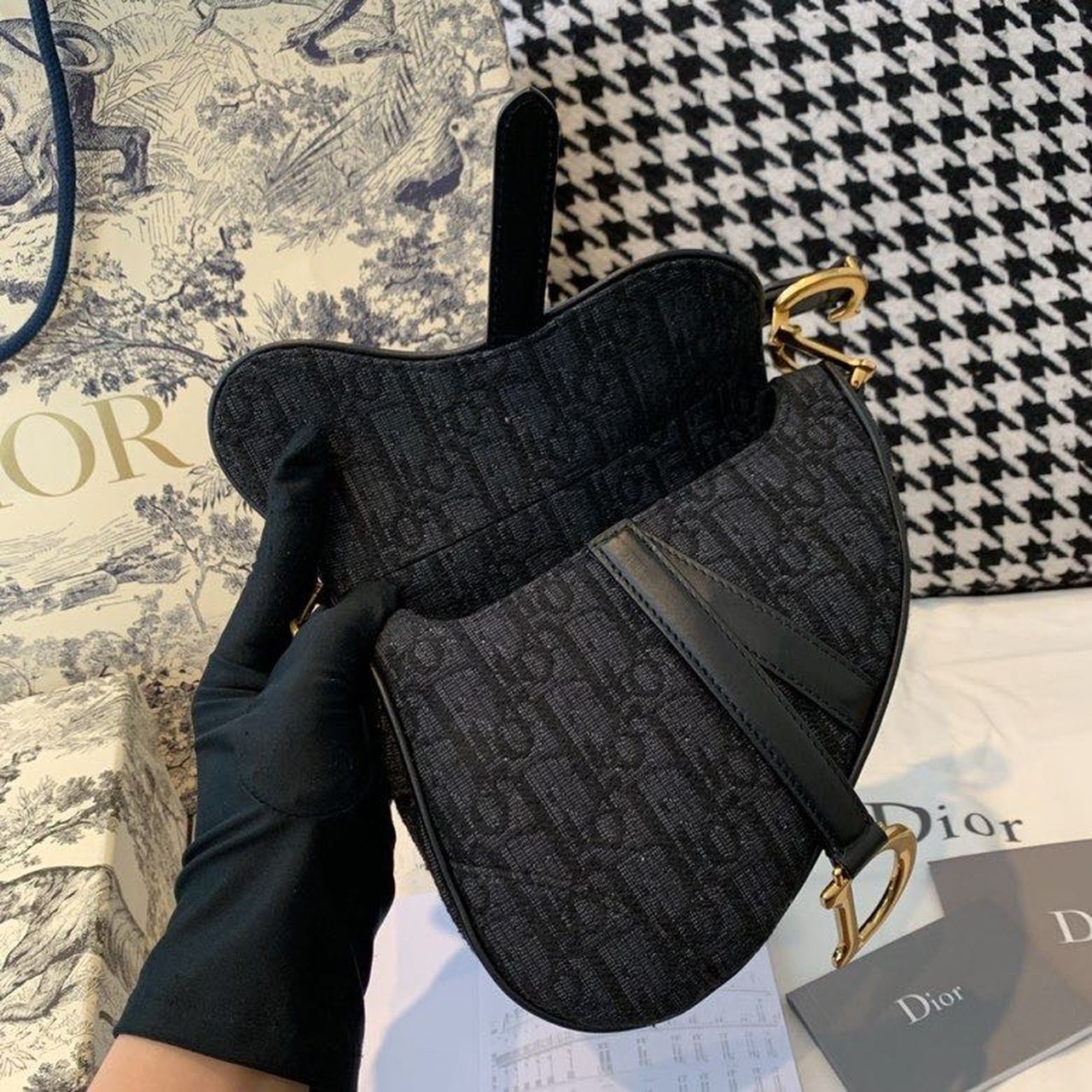 GLAMI Saddle Bag Black Oblique Embroidered Canvas Gold Toned Hardware For Women 19.5cm/7.6in CD