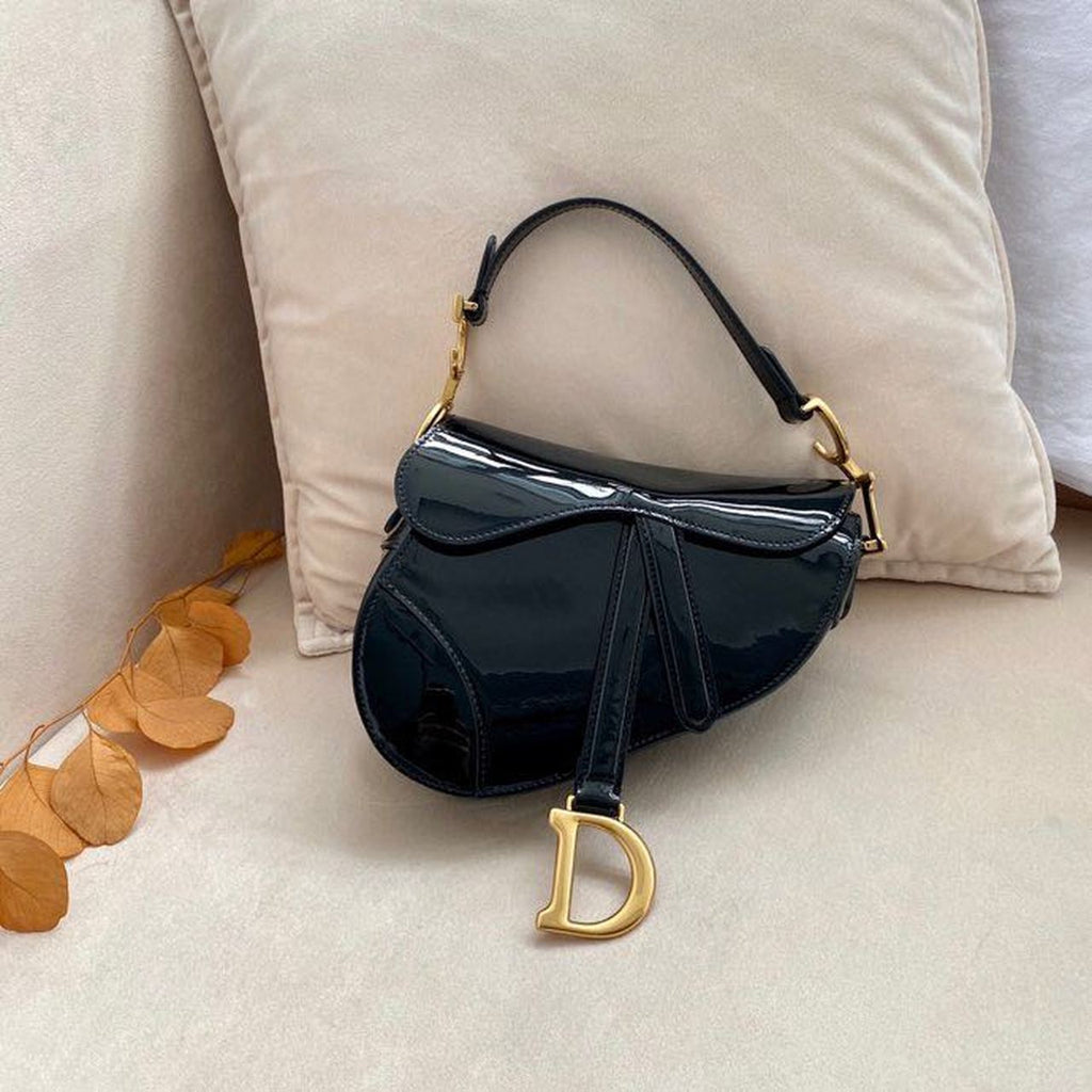 GLAMI Saddle Bag Black Patent Gold Toned Hardware For Women 19.5cm/7.6in CD