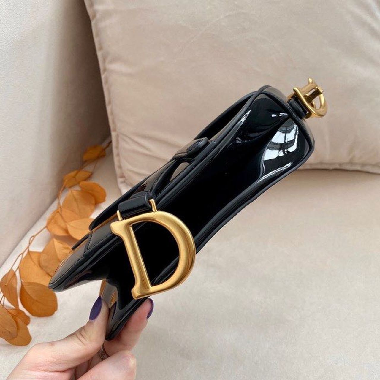 GLAMI Saddle Bag Black Patent Gold Toned Hardware For Women 19.5cm/7.6in CD