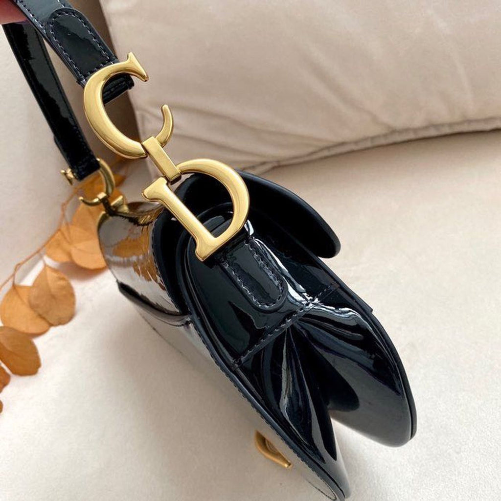 GLAMI Saddle Bag Black Patent Gold Toned Hardware For Women 19.5cm/7.6in CD