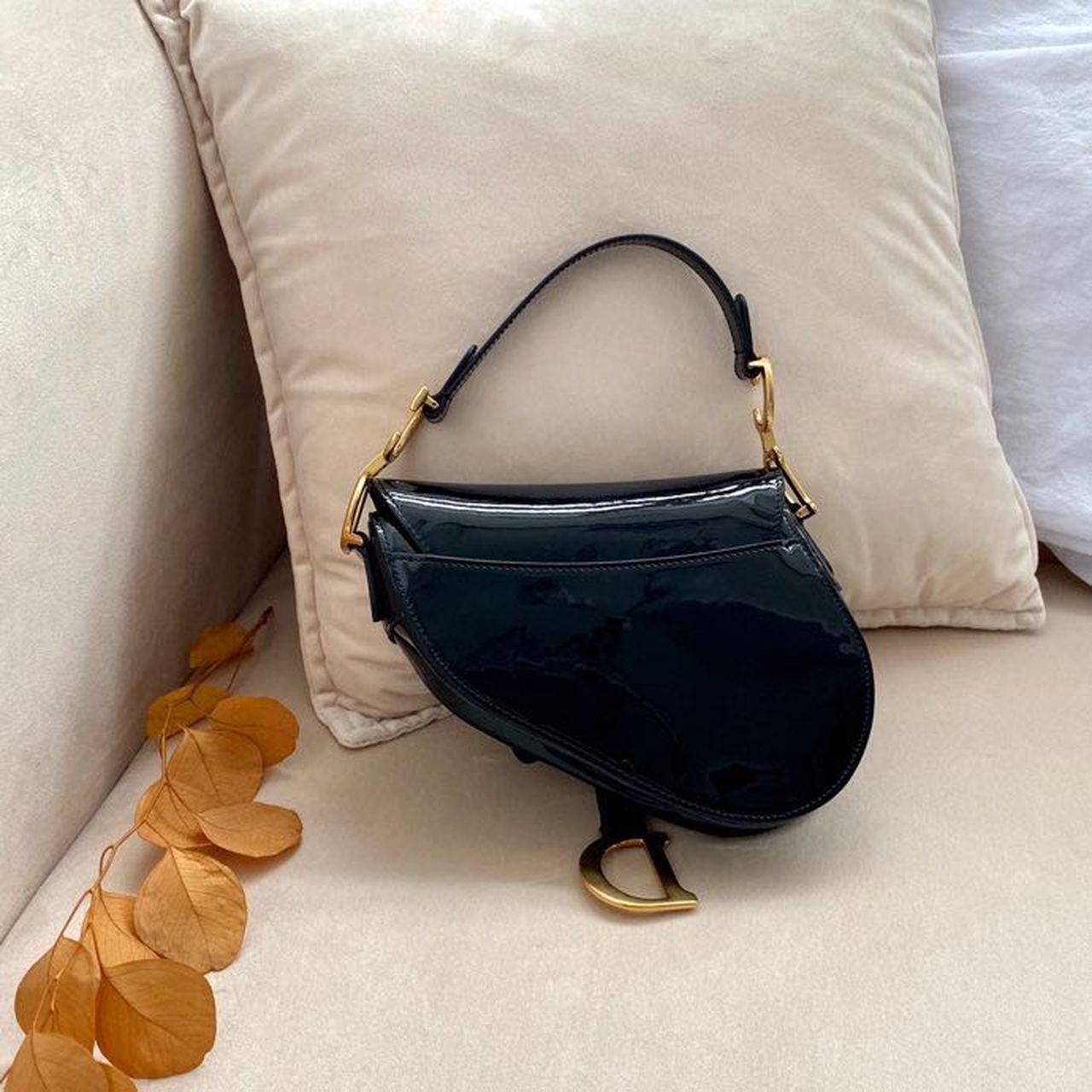 GLAMI Saddle Bag Black Patent Gold Toned Hardware For Women 19.5cm/7.6in CD