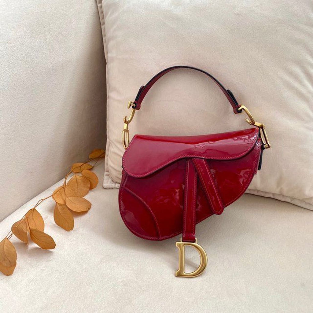 GLAMI Micro Saddle Bag Red Patent Gold Toned Hardware For Women 19.5cm/7.6in CD