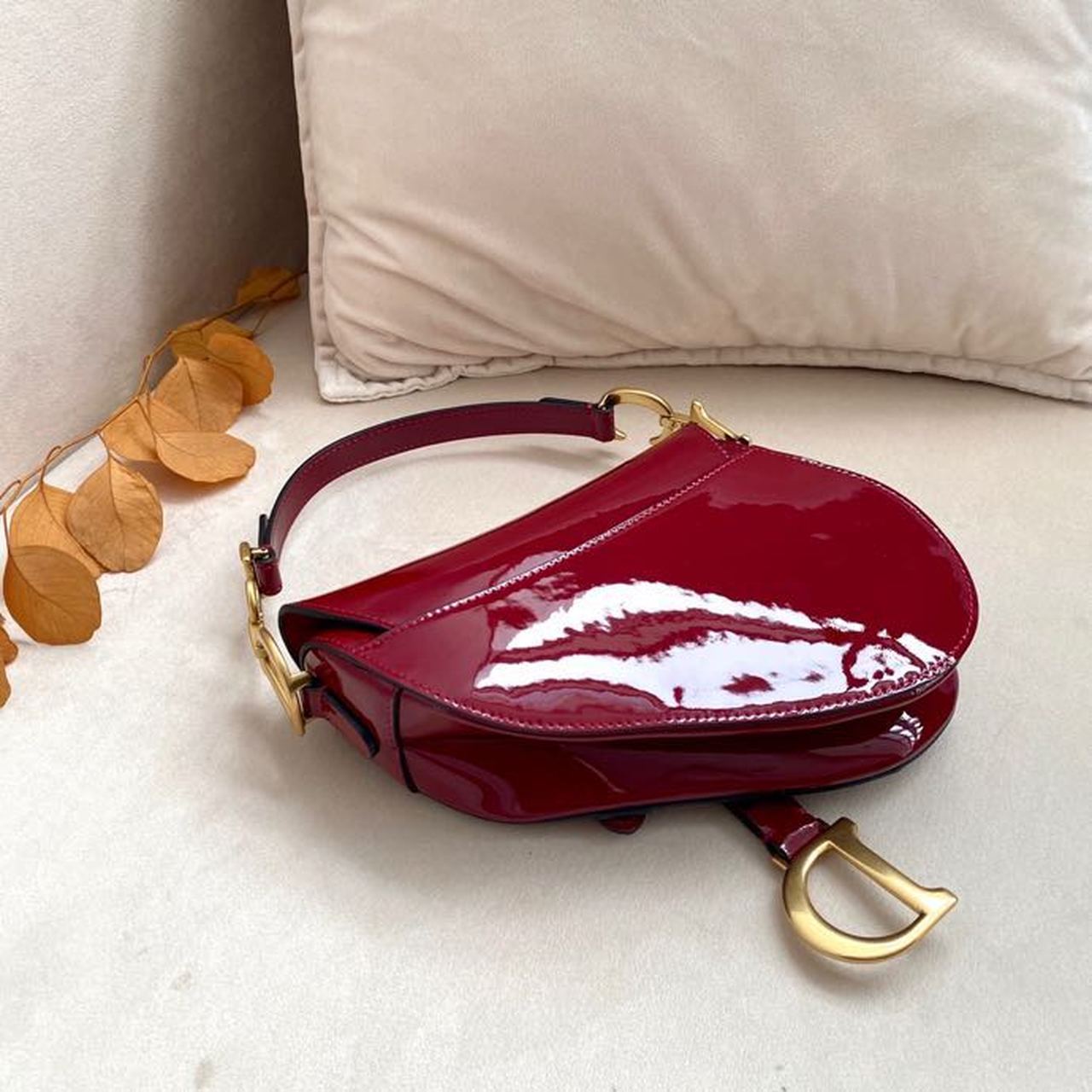 GLAMI Micro Saddle Bag Red Patent Gold Toned Hardware For Women 19.5cm/7.6in CD