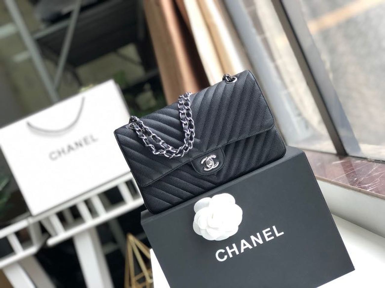 CHL Chevron Classic Handbag Silver Hardware Black For Women, Women’s Bags, Shoulder And Crossbody Bags 10.2in/26cm