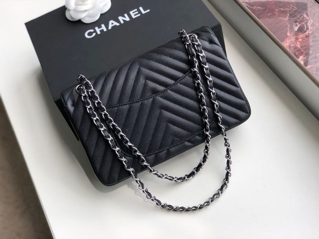 CHL Chevron Classic Handbag Silver Hardware Black For Women, Women’s Bags, Shoulder And Crossbody Bags 10.2in/26cm