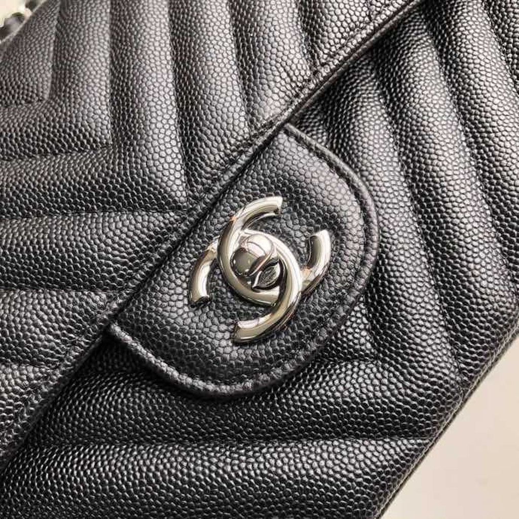 CHL Chevron Classic Handbag Silver Hardware Black For Women, Women’s Bags, Shoulder And Crossbody Bags 10.2in/26cm