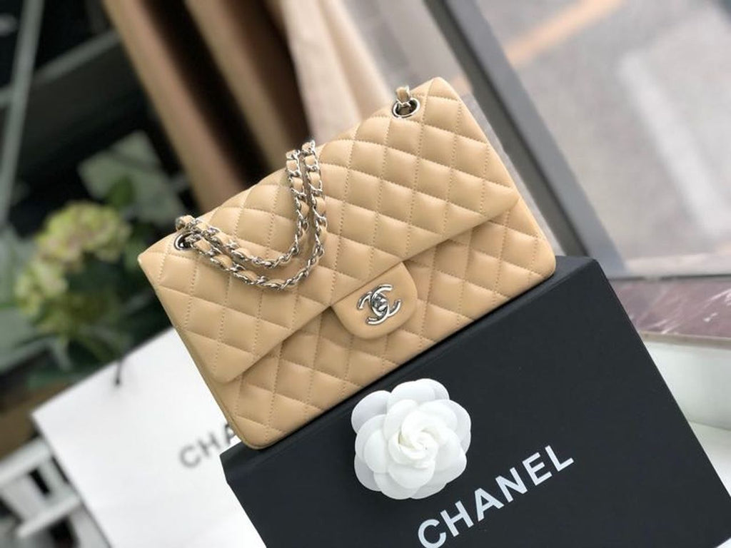 CHL Classic Handbag Silver Hardware Beige For Women, Women’s Bags, Shoulder And Crossbody Bags 10.2in/26cm A01112
