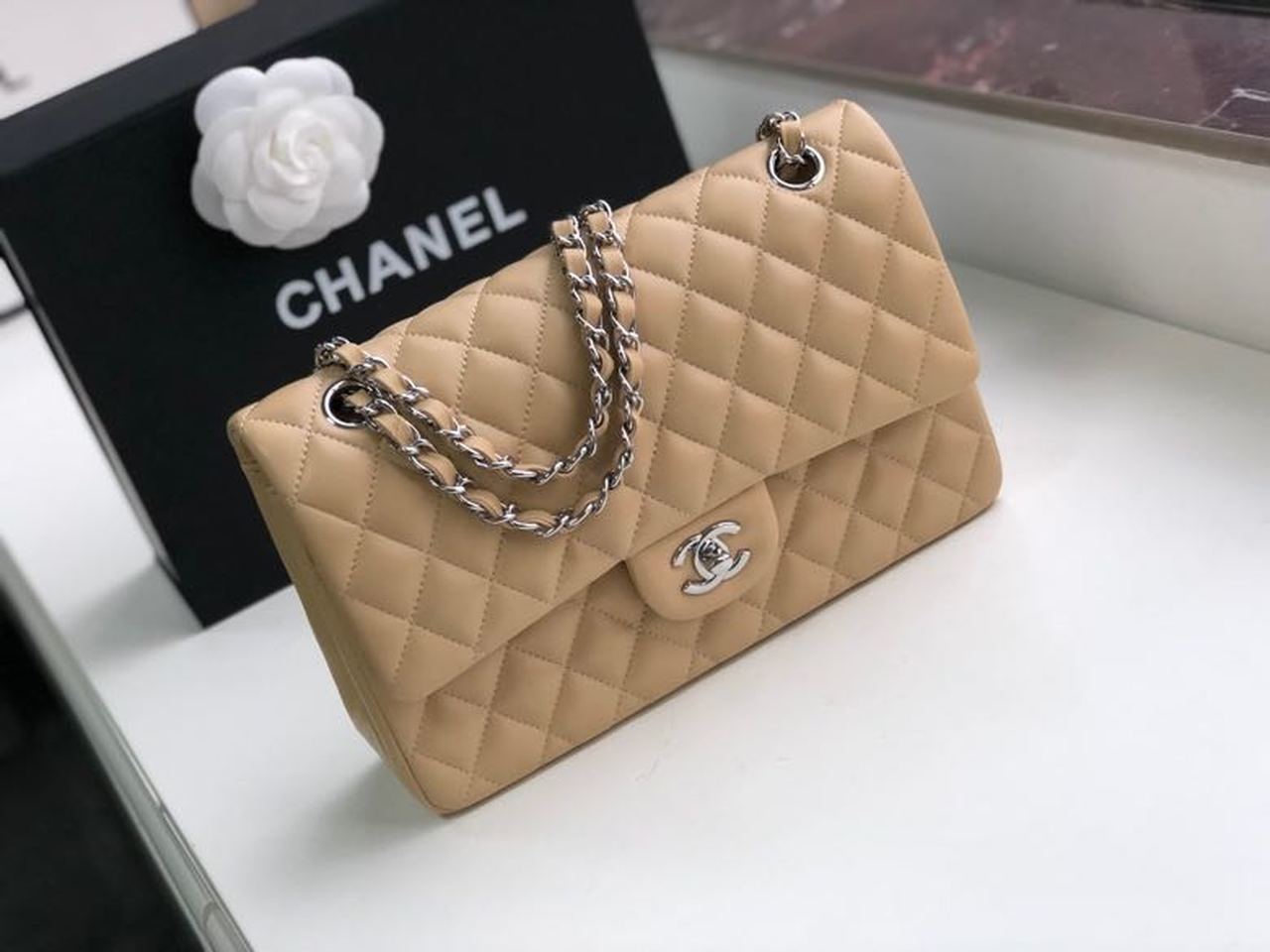 CHL Classic Handbag Silver Hardware Beige For Women, Women’s Bags, Shoulder And Crossbody Bags 10.2in/26cm A01112
