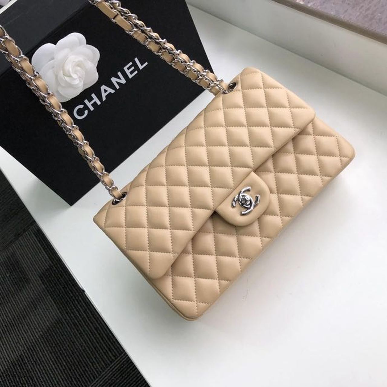 CHL Classic Handbag Silver Hardware Beige For Women, Women’s Bags, Shoulder And Crossbody Bags 10.2in/26cm A01112