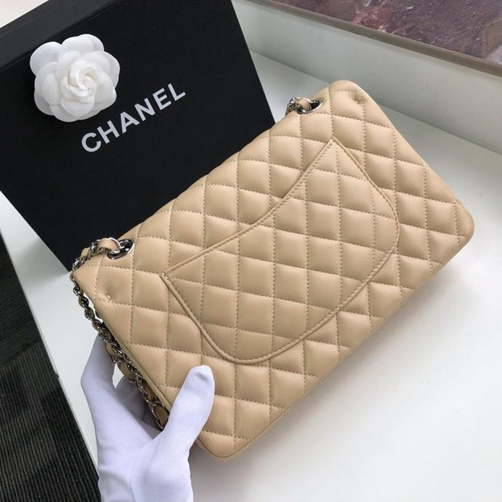 CHL Classic Handbag Silver Hardware Beige For Women, Women’s Bags, Shoulder And Crossbody Bags 10.2in/26cm A01112
