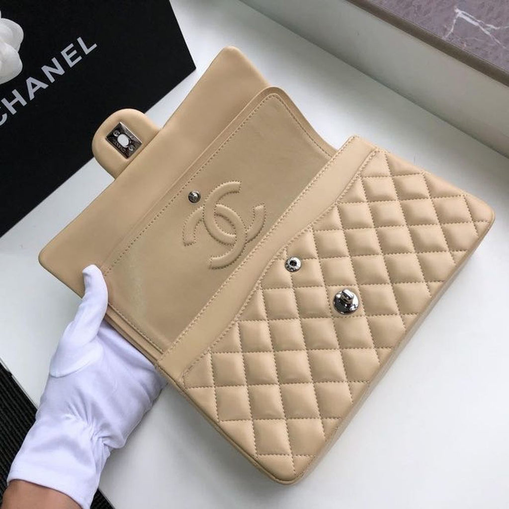 CHL Classic Handbag Silver Hardware Beige For Women, Women’s Bags, Shoulder And Crossbody Bags 10.2in/26cm A01112