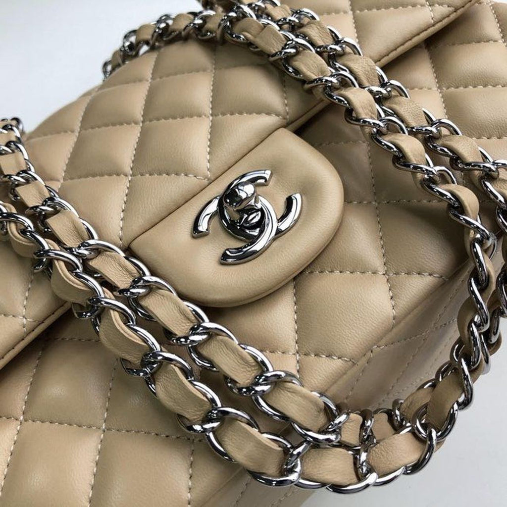 CHL Classic Handbag Silver Hardware Beige For Women, Women’s Bags, Shoulder And Crossbody Bags 10.2in/26cm A01112