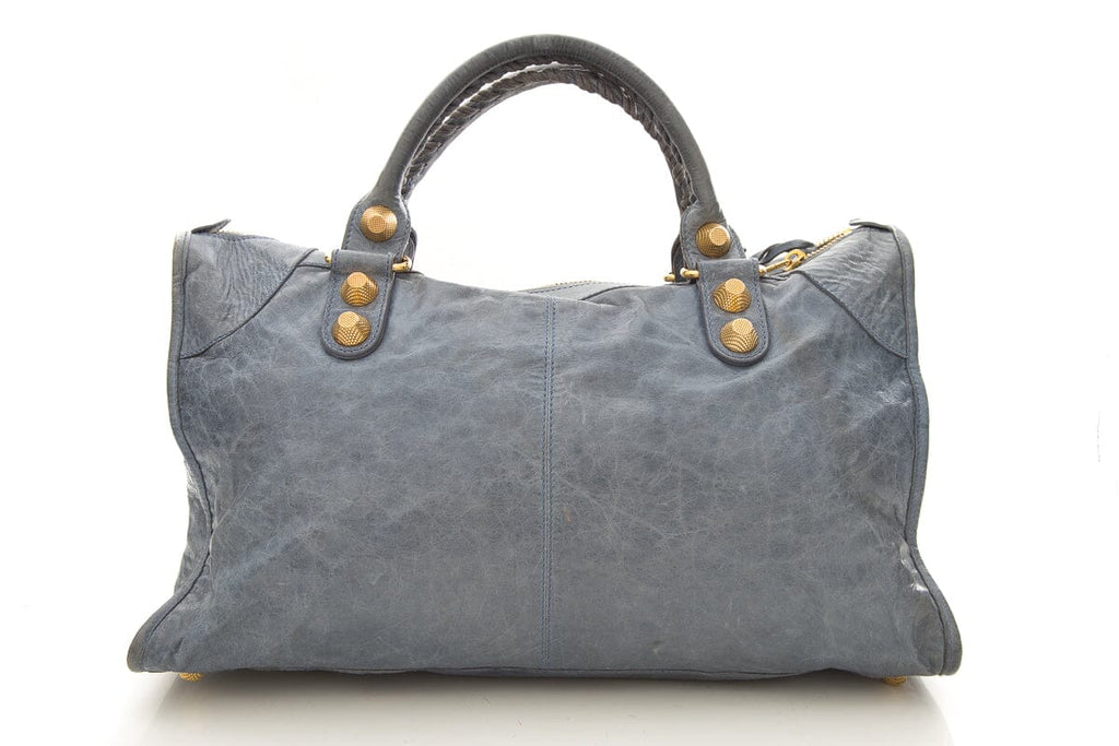 Balenciaga Blue Crinkled Leather & Gold Work Tote
