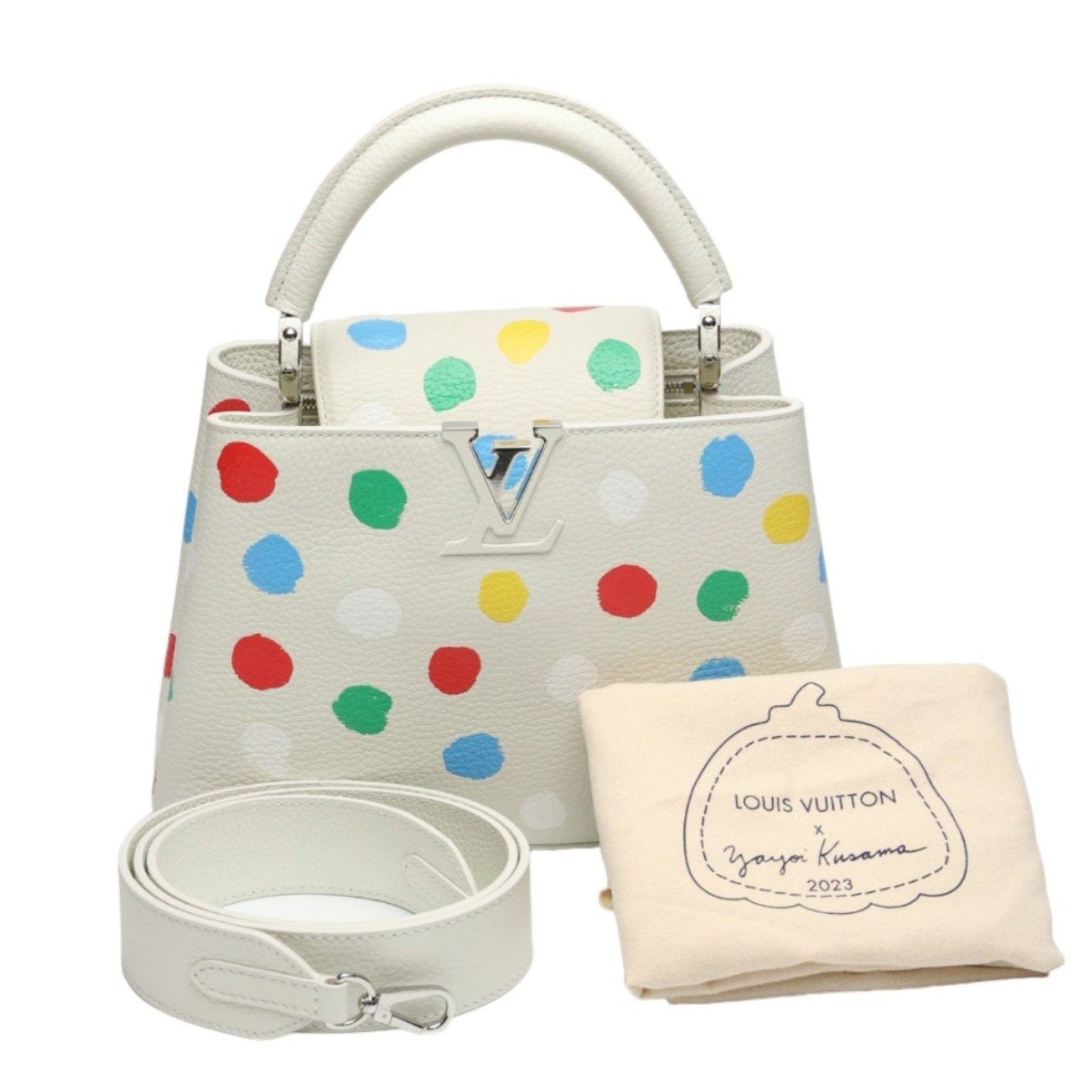 Luxurious White Leather Handbag with Yayoi Kusamas Signature Dot Pattern