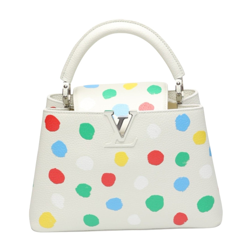 Luxurious White Leather Handbag with Yayoi Kusamas Signature Dot Pattern