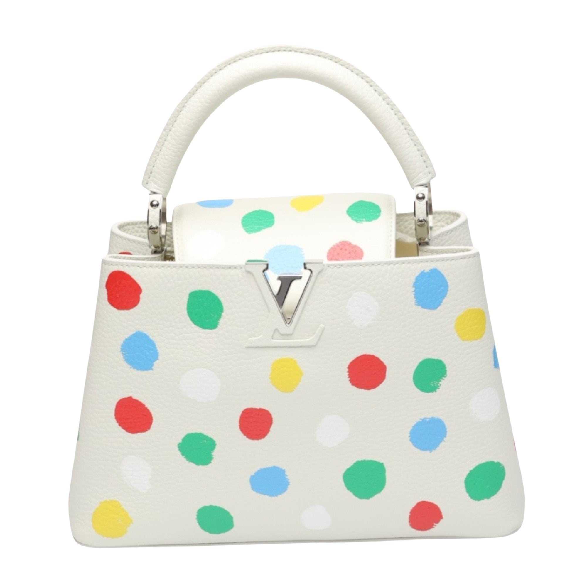 Luxurious White Leather Handbag with Yayoi Kusamas Signature Dot Pattern