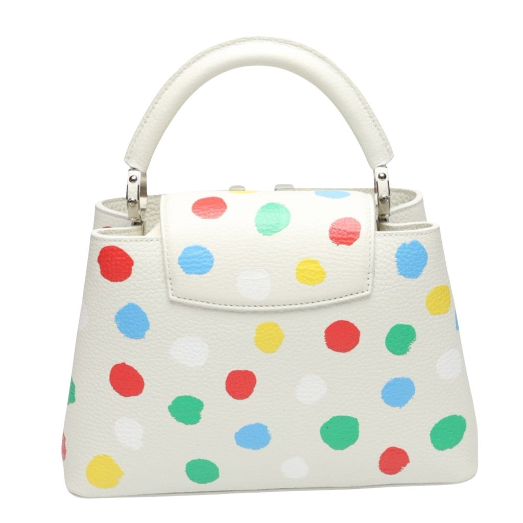 Luxurious White Leather Handbag with Yayoi Kusamas Signature Dot Pattern