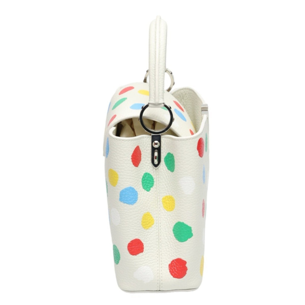 Luxurious White Leather Handbag with Yayoi Kusamas Signature Dot Pattern