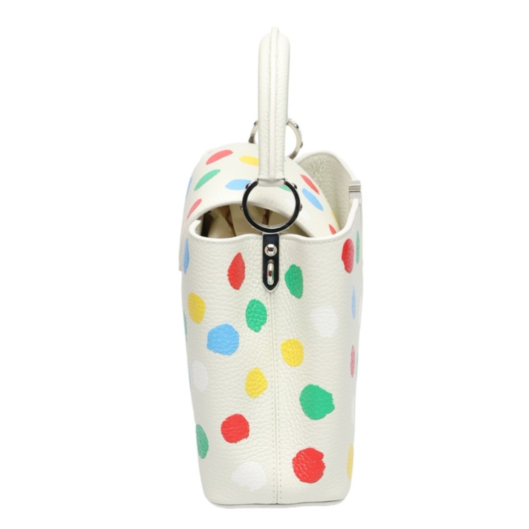 Luxurious White Leather Handbag with Yayoi Kusamas Signature Dot Pattern