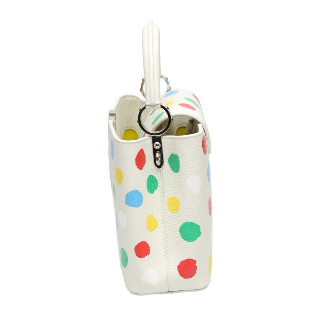 Luxurious White Leather Handbag with Yayoi Kusamas Signature Dot Pattern