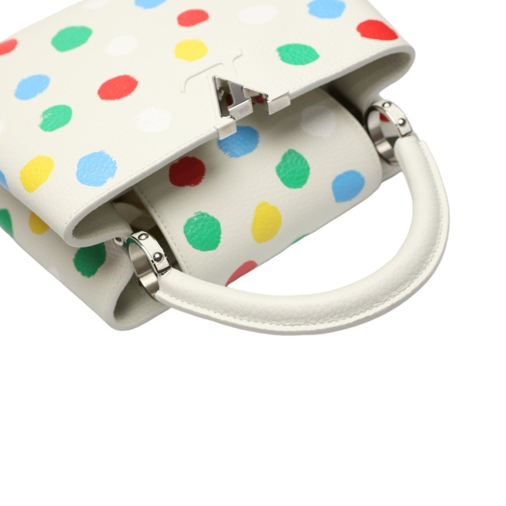 Luxurious White Leather Handbag with Yayoi Kusamas Signature Dot Pattern