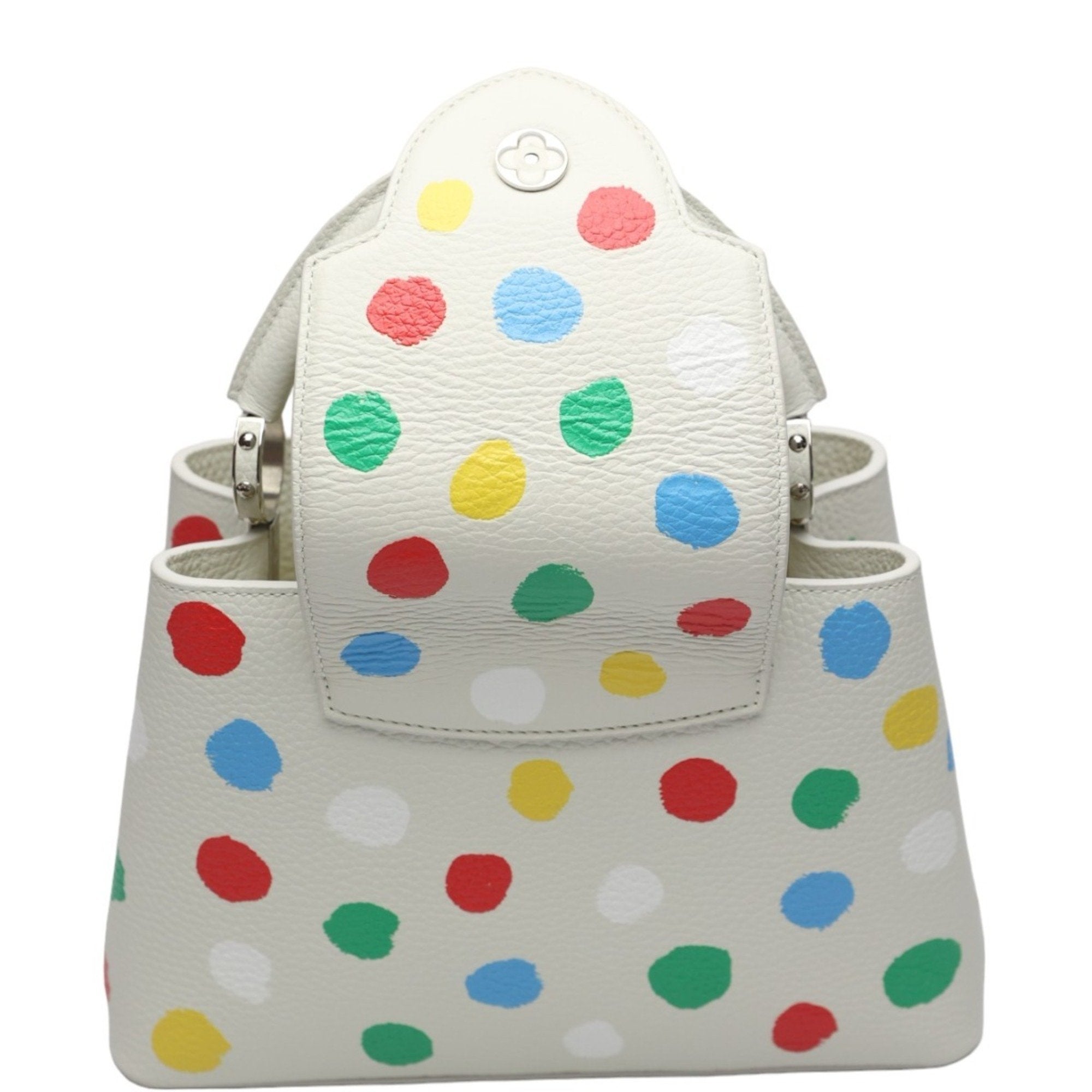 Luxurious White Leather Handbag with Yayoi Kusamas Signature Dot Pattern