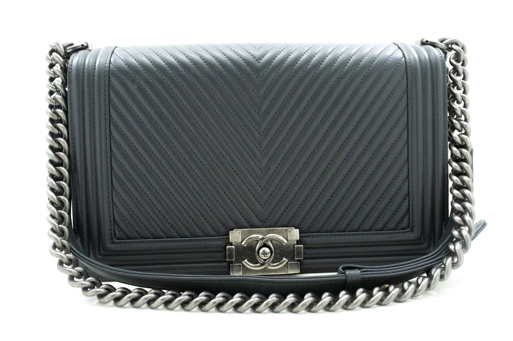 Chanel Grey Leather Designer Bag with Box and Dust Bag
