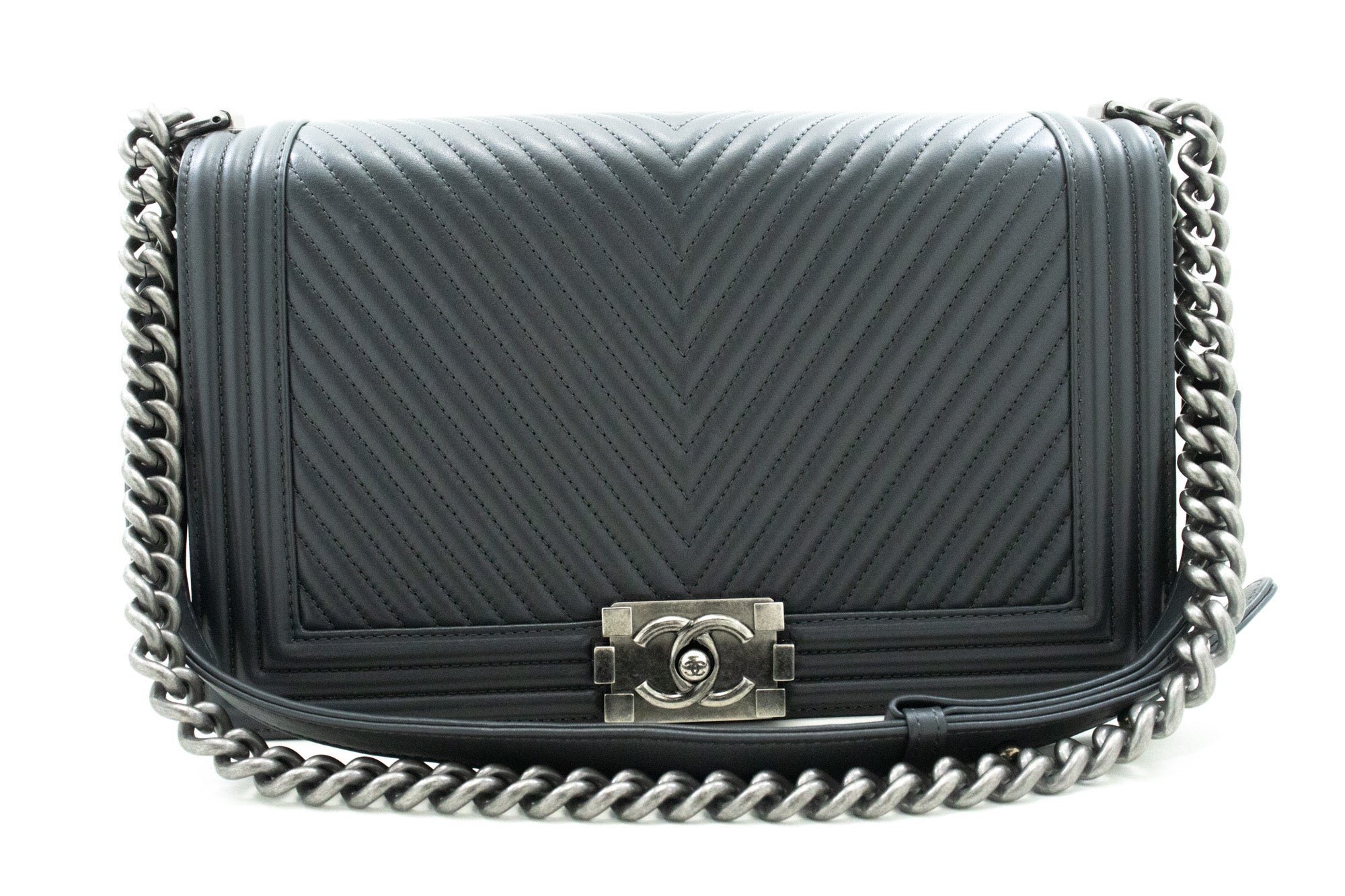 Chanel Grey Leather Designer Bag with Box and Dust Bag