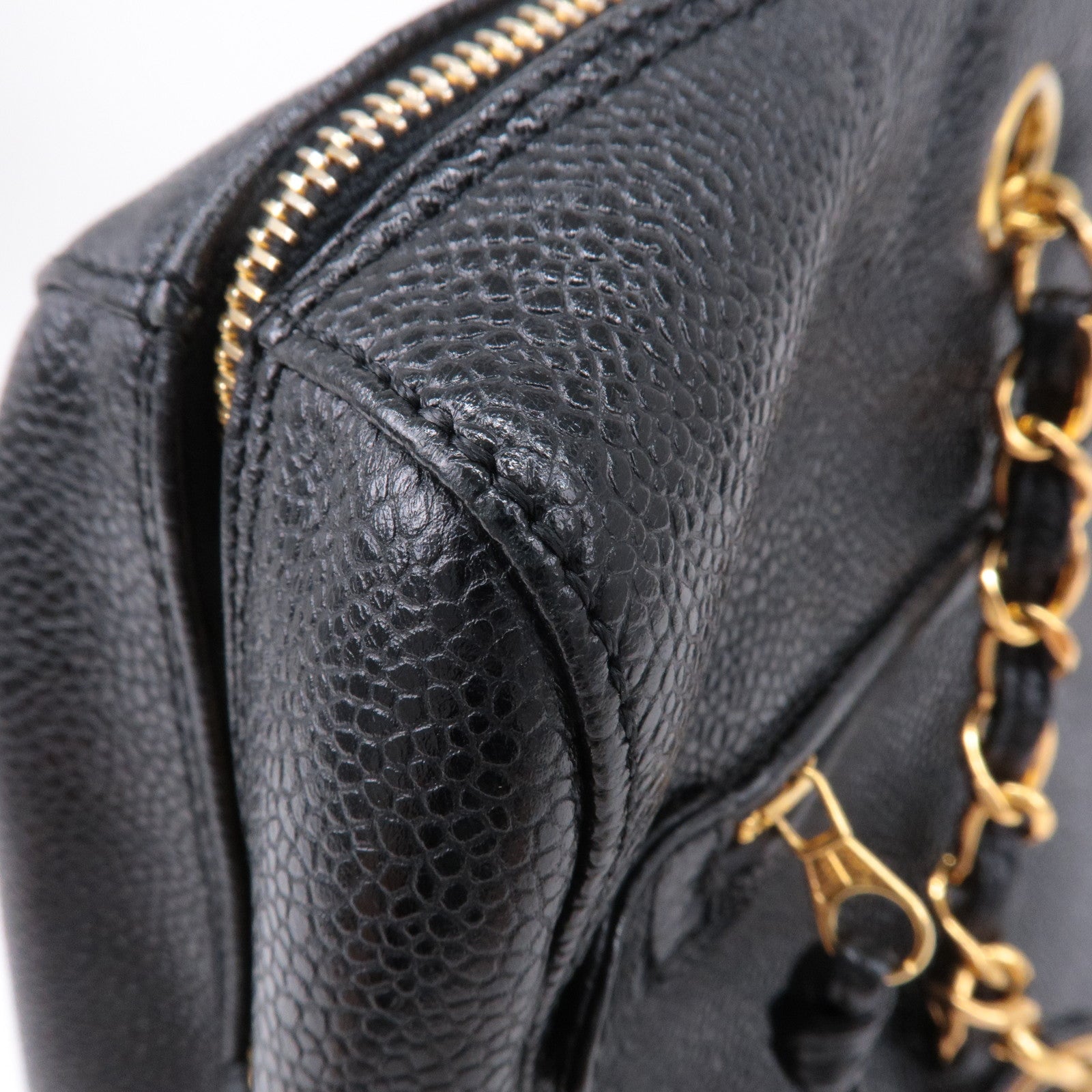 CHANEL Caviar Skin Chain Tote Bag Shoulder Bag Gold Black