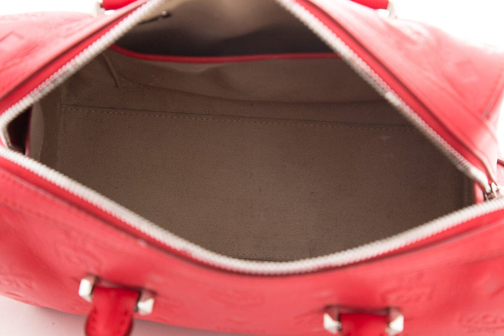 MCM Red Monogram Leather Boston Handbag