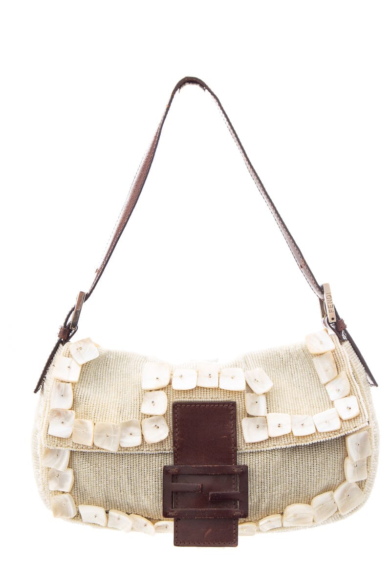 Fendi Cream Shell Beaded Baguette