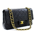 CHANEL Classic Double Flap 10" Chain Shoulder Bag Black Lambskin i71