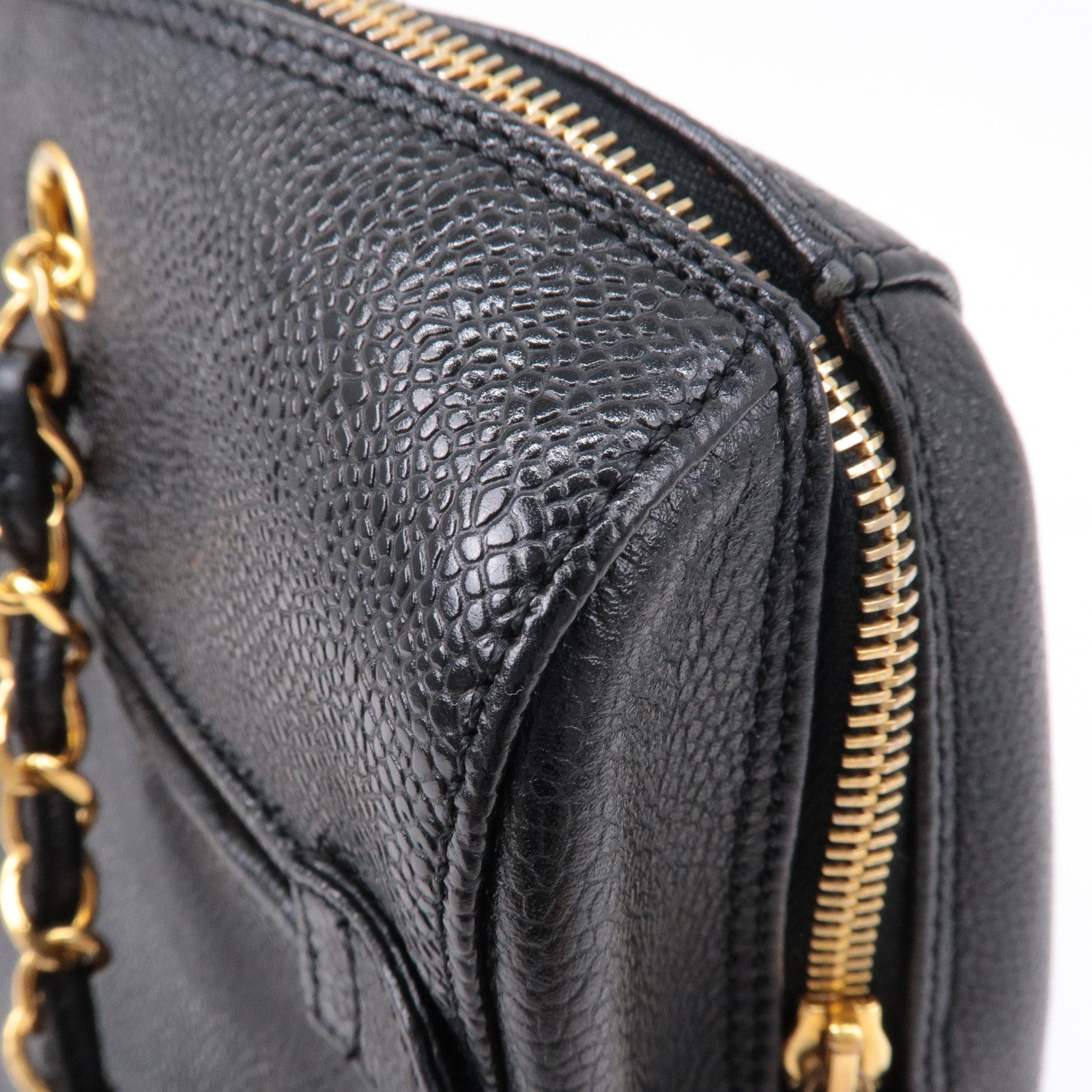 CHANEL Caviar Skin Chain Tote Bag Shoulder Bag Gold Black