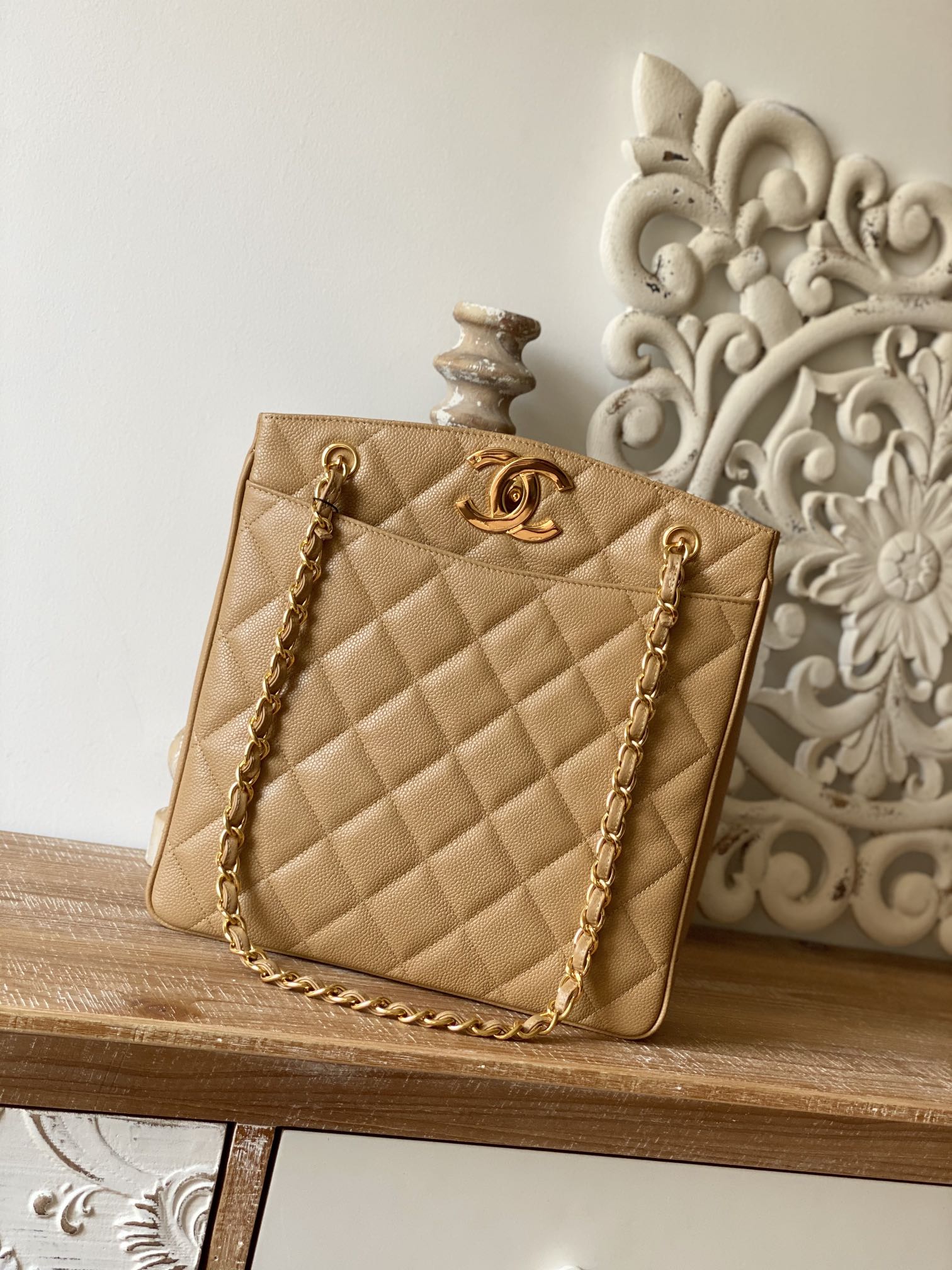 CHLVintage Beige Large Quilted Caviar Tote Bag For Women 28cm/11in