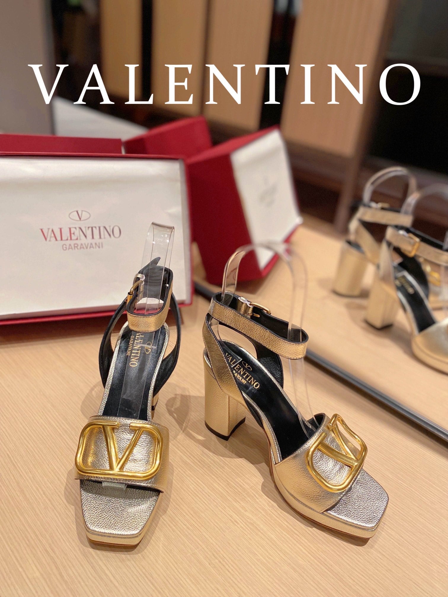 Valentino Garavani Strap Heeled Sandals With V Logo Signature EmbellisGLAMIent Gold For Women
