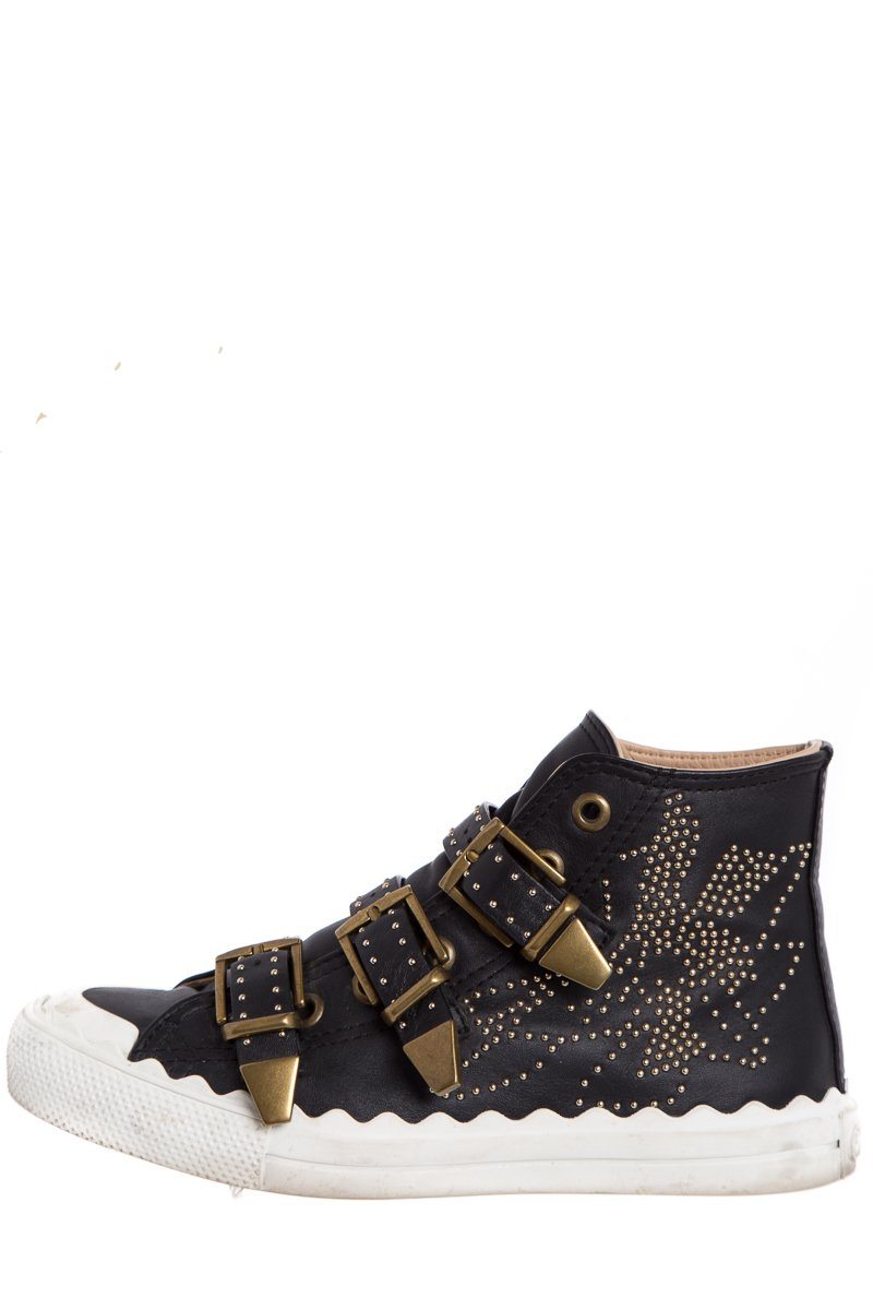 ChloÃƒÆ’Ã‚Â© Black Leather Studded Buckle High-Top Sneakers SZ 37