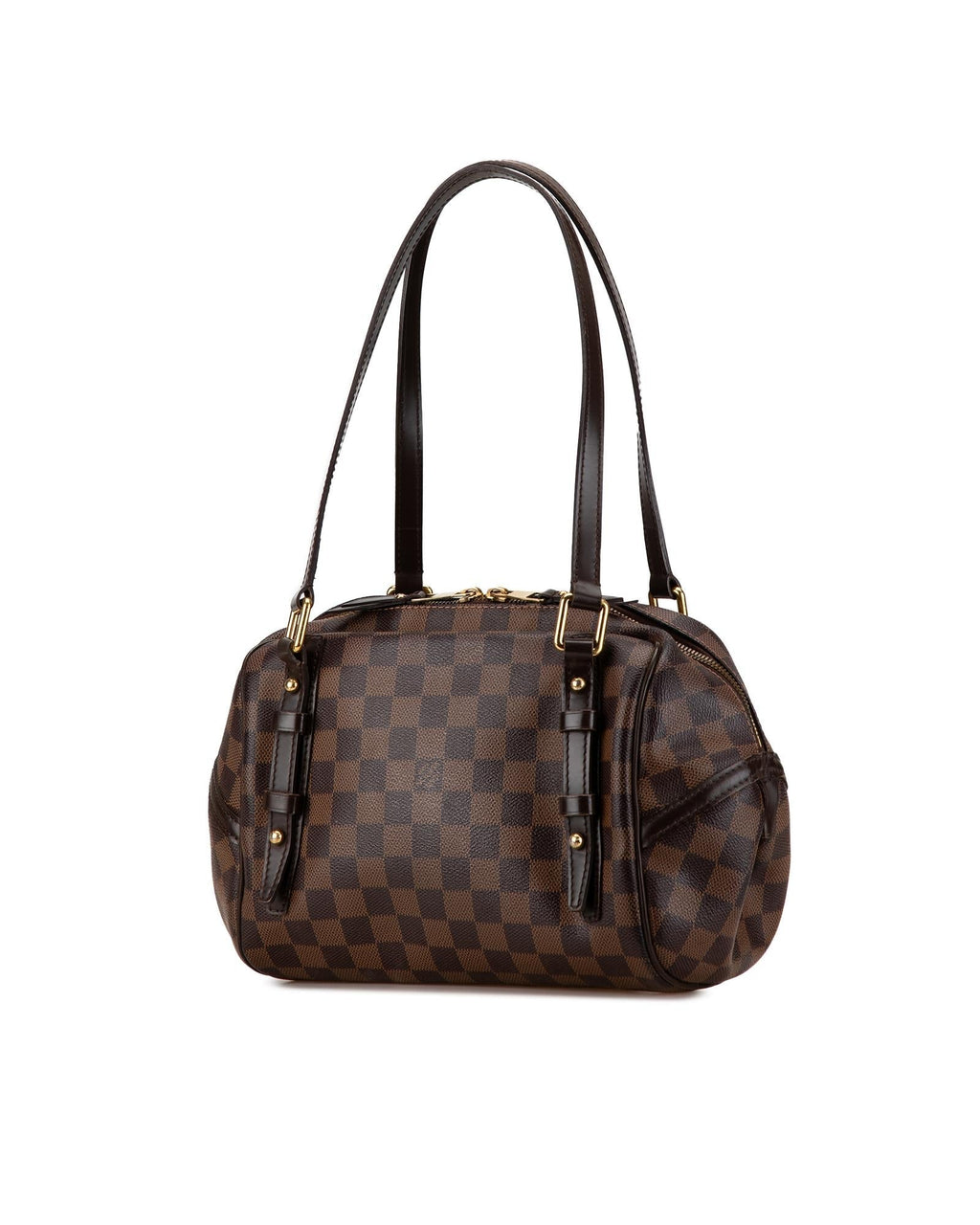 Damier Ebene Canvas Rivington PM with Leather Trim and Top Zip Closure