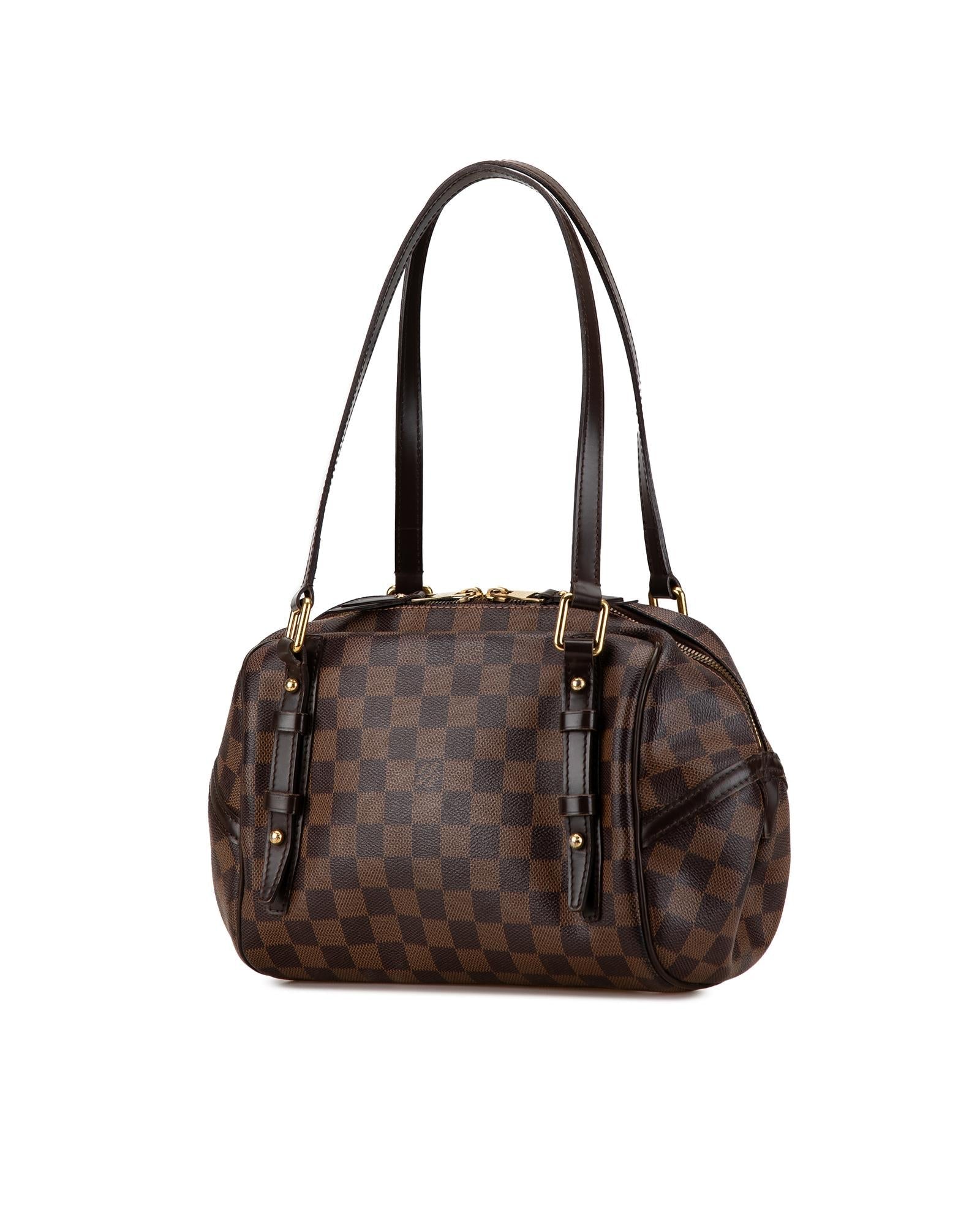 Damier Ebene Canvas Rivington PM with Leather Trim and Top Zip Closure