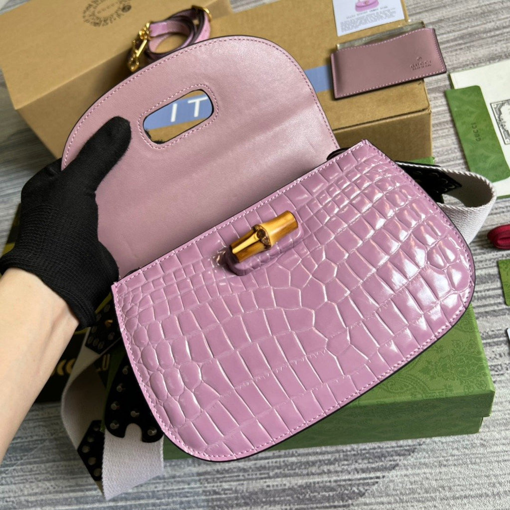 gg Bamboo 1947 Crocodile Top Handle Bag Pink For Women, Women’s Bags 10.2in/26cm gg