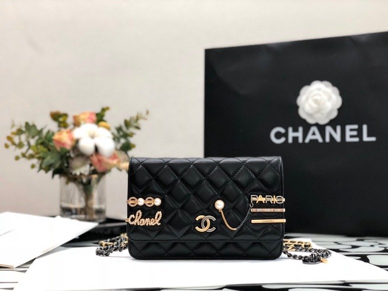 CHL Flap Bag Gold Toned Hardware Black For Women 7.4in/19cm