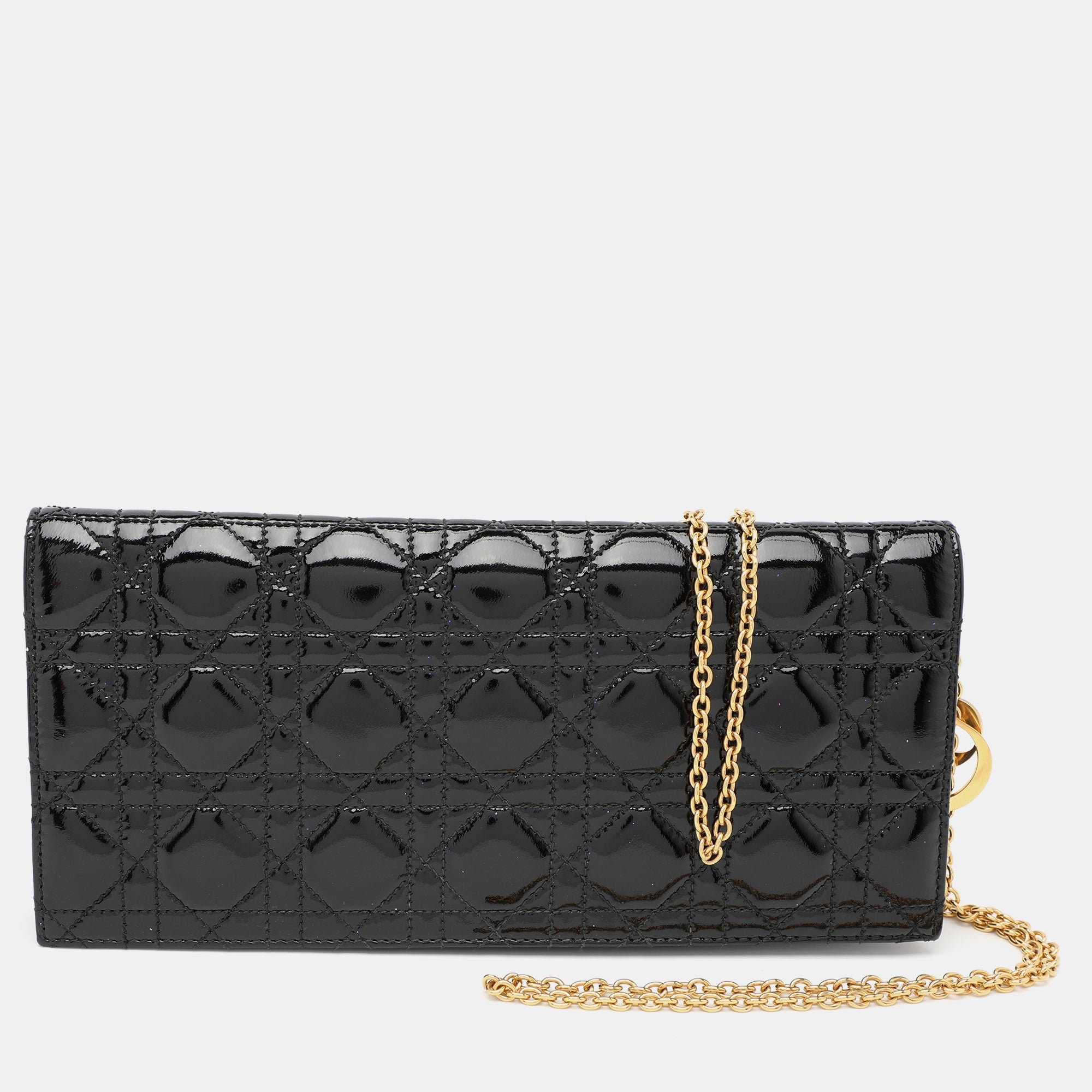 Dior Black Quilted Cannage Patent Leather Lady Dior Chain Clutch..