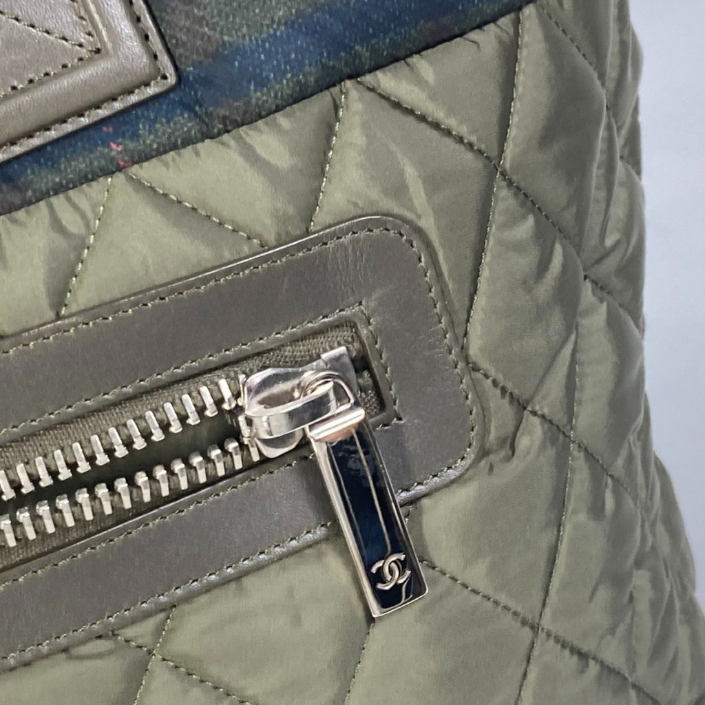Chanel Quilted Tote Bag Plaid Trim Olive Green