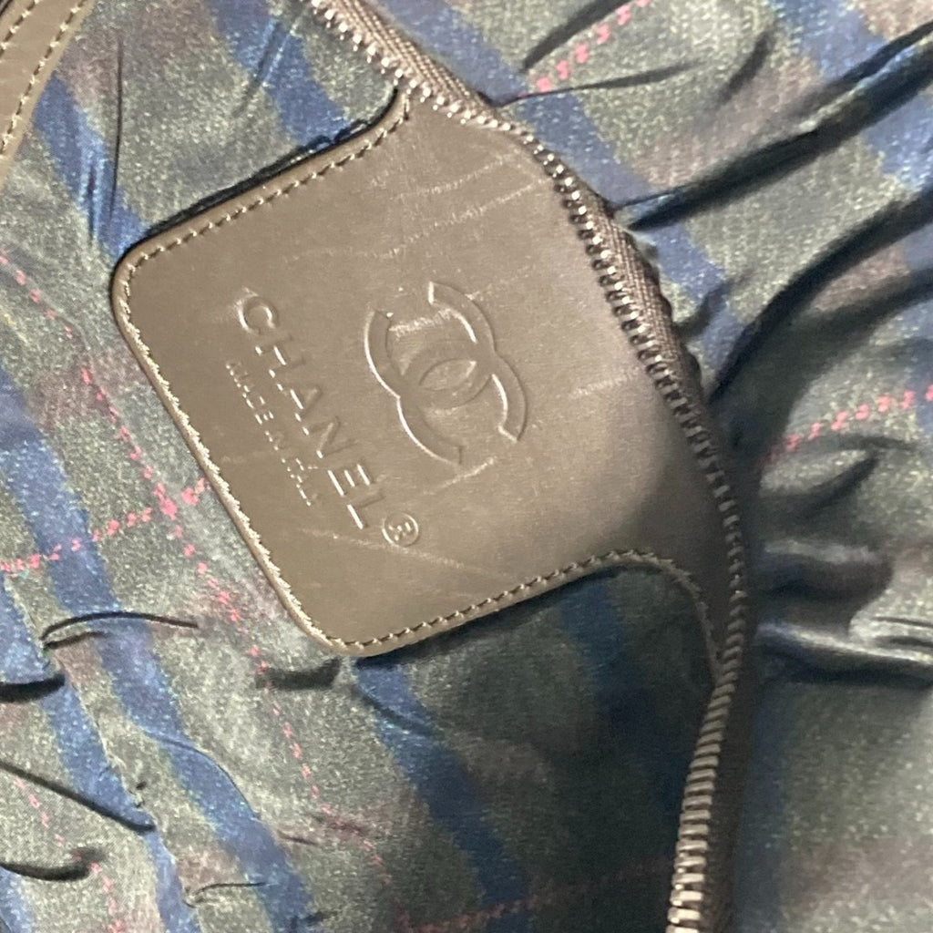 Chanel Quilted Tote Bag Plaid Trim Olive Green