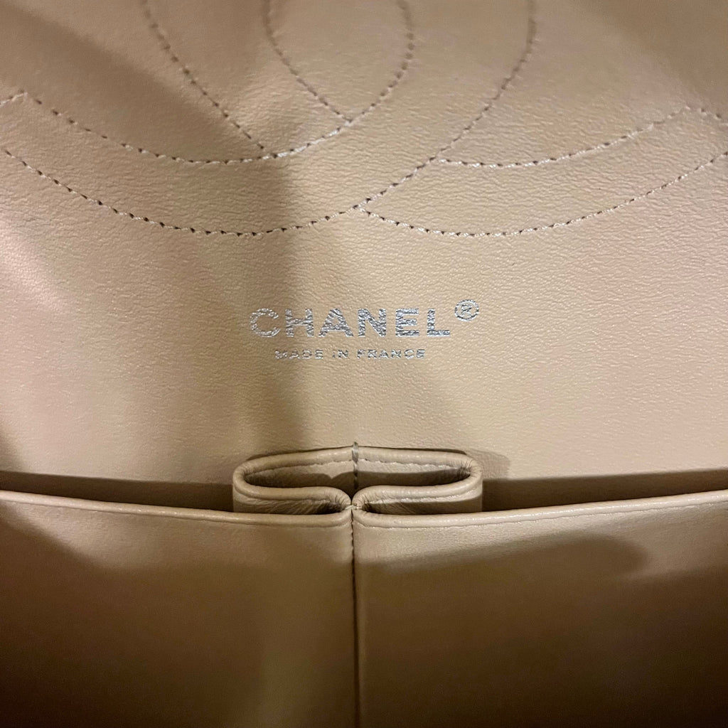 CHANEL Classic Double Flap Jumbo Beige Quilted Caviar Leather Shoulder Bag