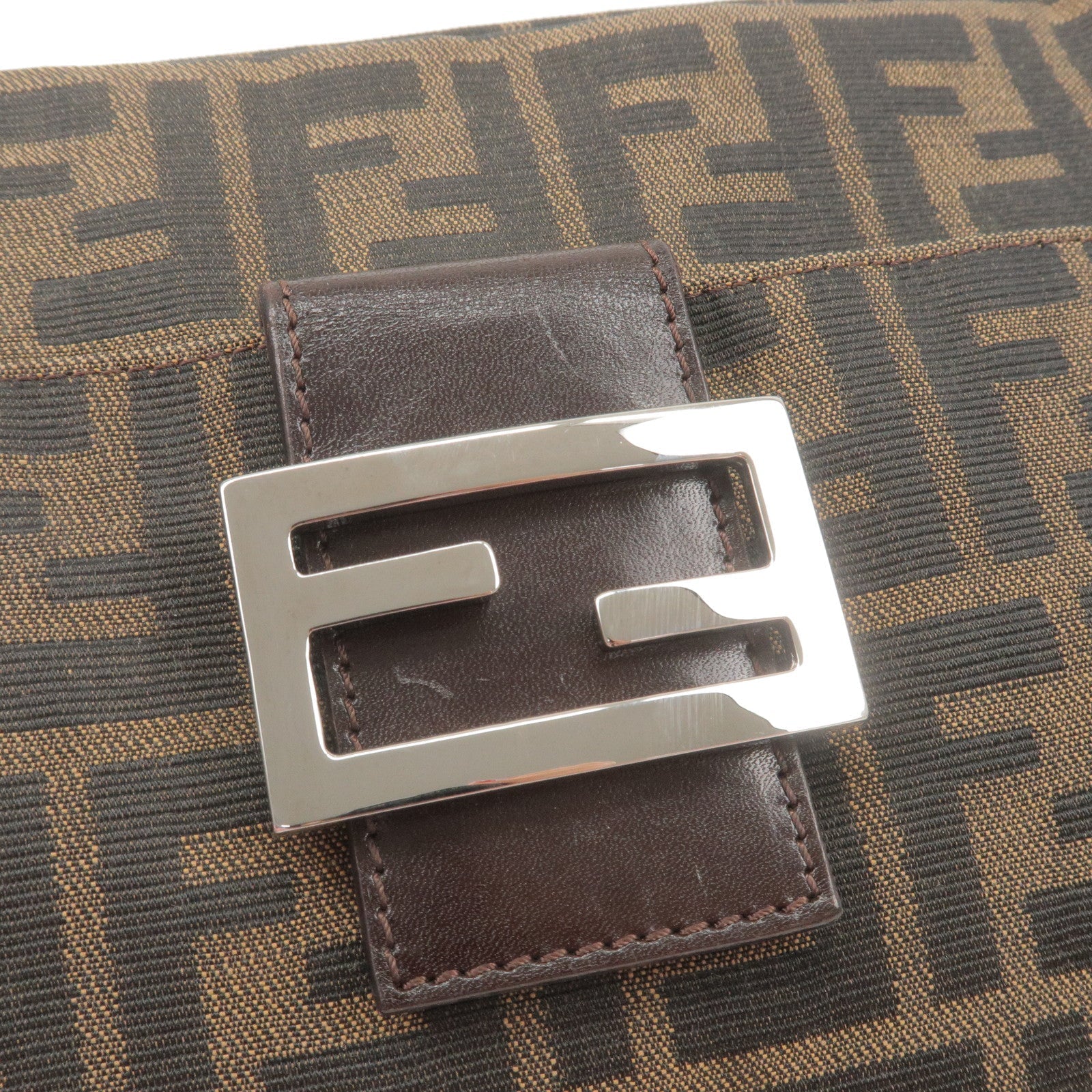 FENDI Zucca Canvas Leather Shoulder Bag Brown Black 26566