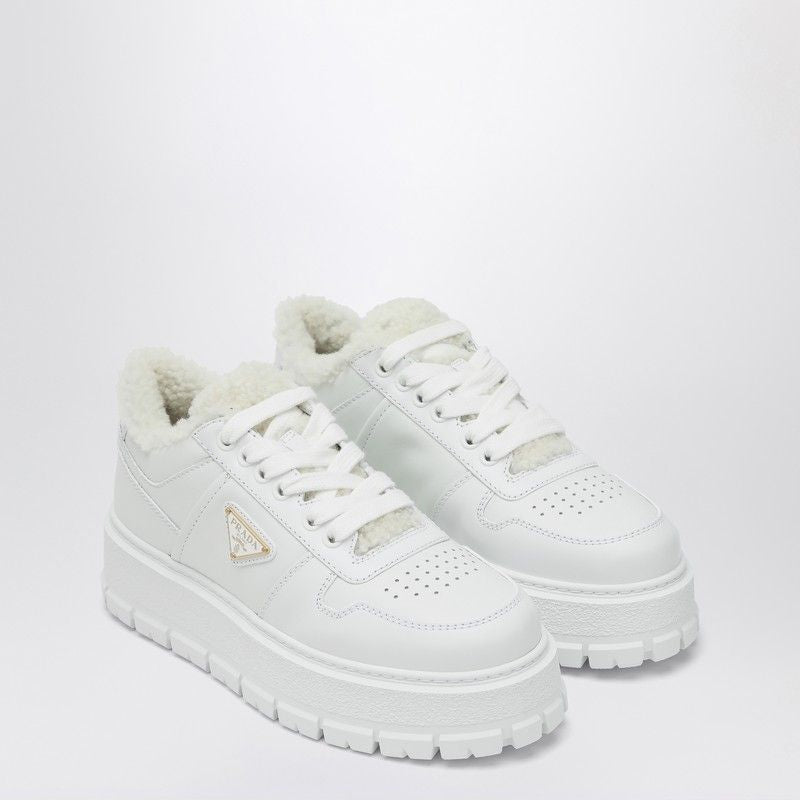 PRADA Leather and Sheepskin Platform Sneakers