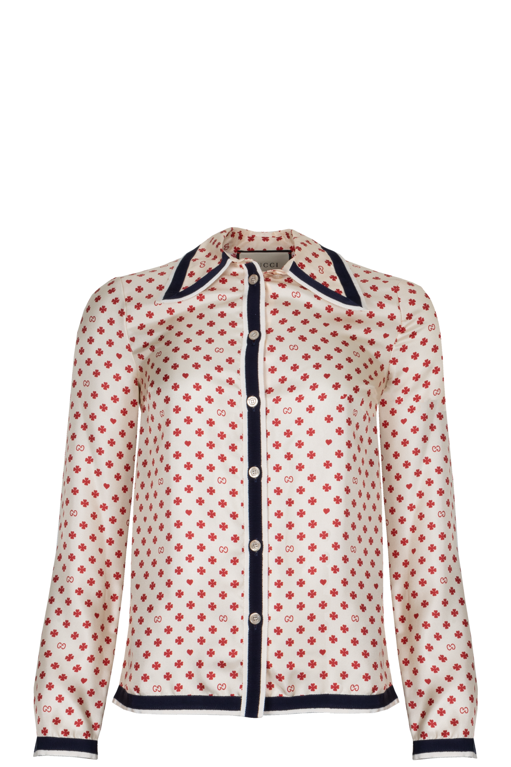 GUCCI Shamrock Print Silk Shirt Ivory Red
