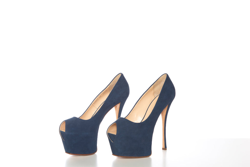 Guiseppe Zanotti Dark Blue Suede Peep Toe Platforms SZ 40