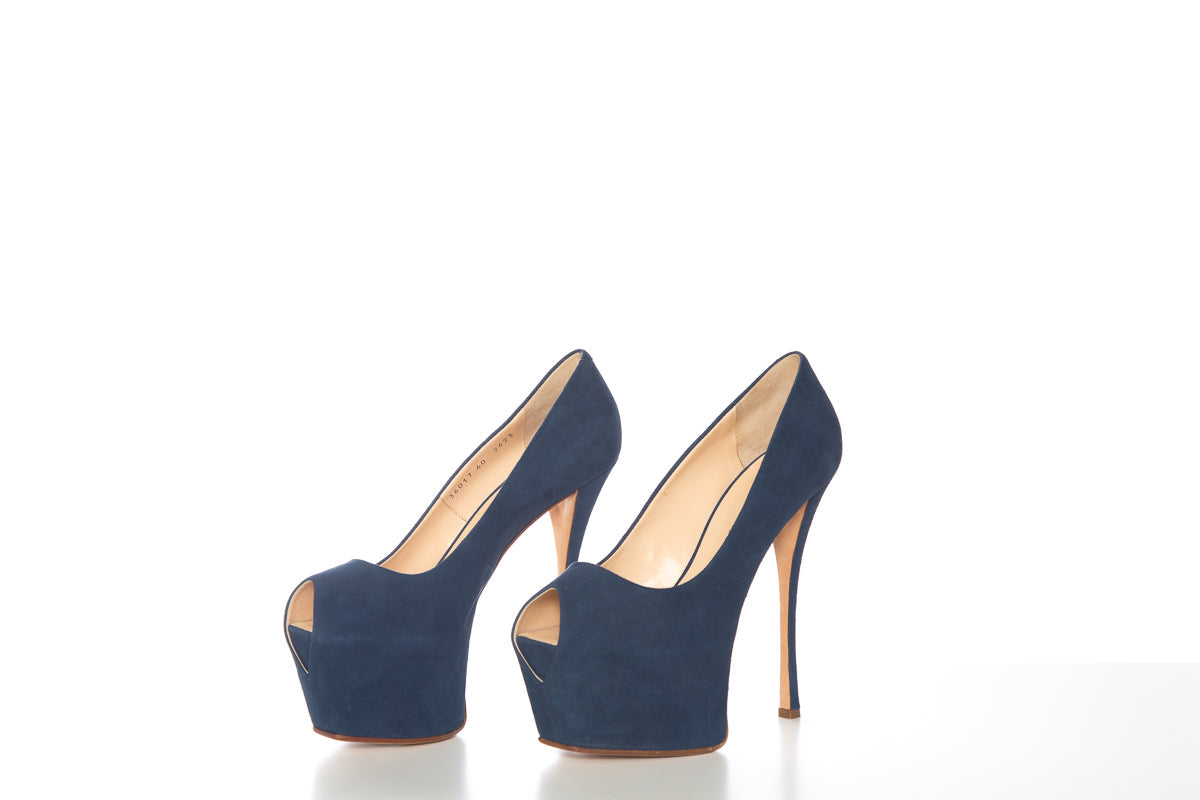 Guiseppe Zanotti Dark Blue Suede Peep Toe Platforms SZ 40